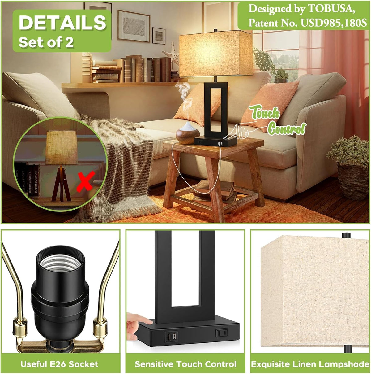 TOBUSA 22" Table Lamp Set of 2, Modern Nightstand Lamp with 2 USB Ports