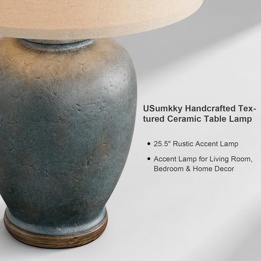 USumkky 25" Boho Ceramic Table Lamp for Living Room Bedroom Vintage Blue