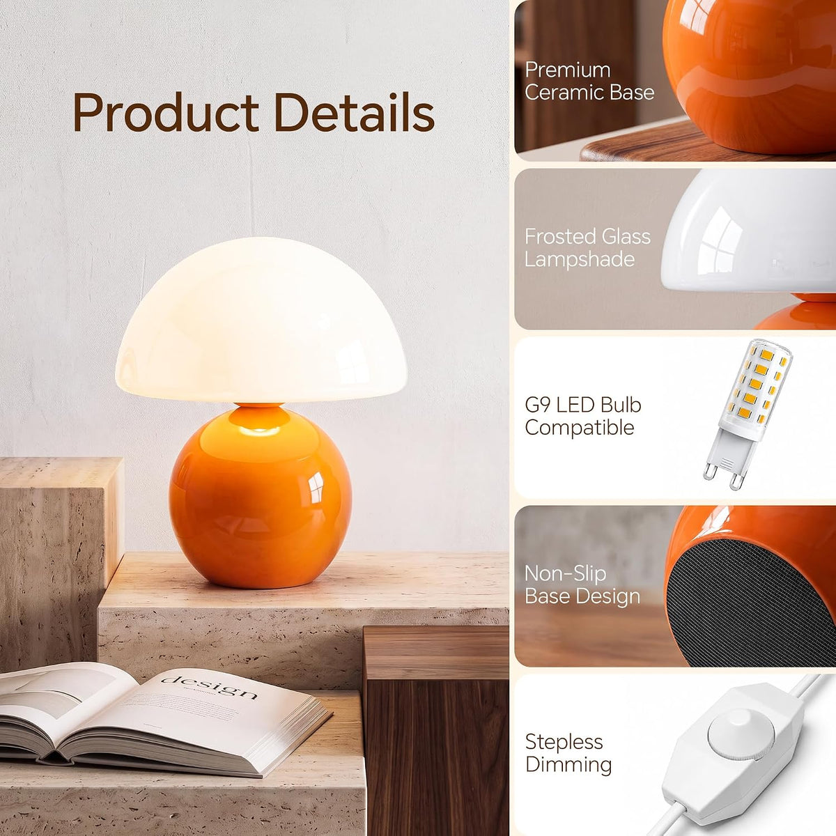 Dawnwake Mushroom Lamp Table Lamp for Bedroom-Small Desk Table Lamps,Orange