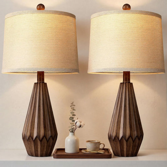 Hamucd 22” Set of 2 Modern Farmhouse Lamp for Living Room, Rustic Resin Beside Table Lamps with Linen Shade, Vintage Lamps for Nightstands Bedroom Entryway Decor
