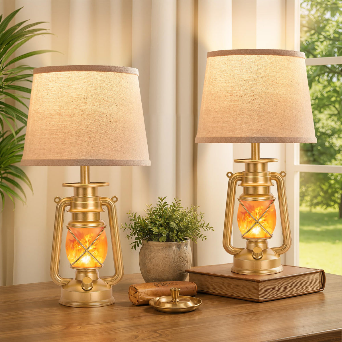 LEDIARY 18.72" LED Vintage Lantern Flickering Flame Table Lamps Set of 2