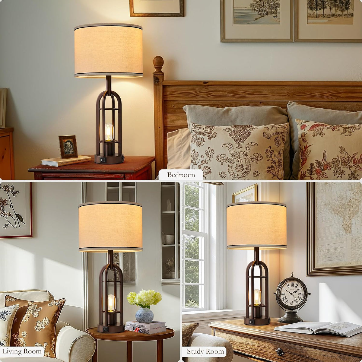 SRJJA 24" Farmhouse Table Lamps for Living Room Bedroom Set of 2, USB A+C