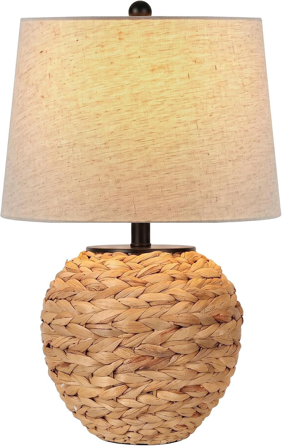 PARTPHONER 23’’ Rattan Table Lamp with Natural Woven Water Hyacinth Basket Base & Linen Drum Shade, Boho Farmhouse Bedside Lamp for Living Room Bedroom, Includes 3-Color Temperature LED Bulb