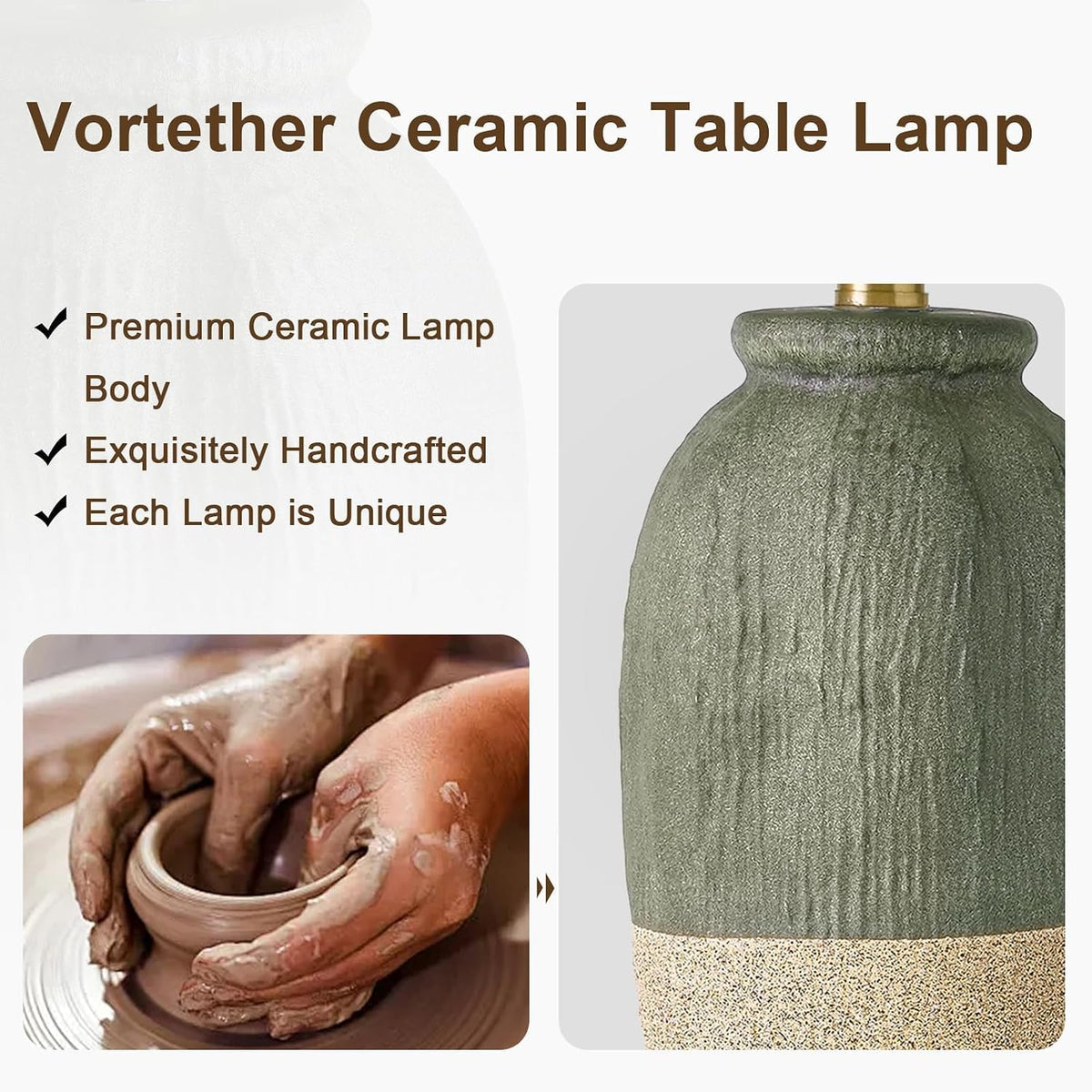 22.5" Green Ceramic Table Lamps for Bedroom, Boho Nightstand Lamp