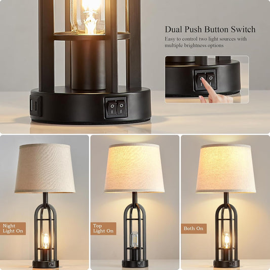 SRJJA 24" Farmhouse Table Lamps for Living Room Bedroom Set of 2, USB A+C