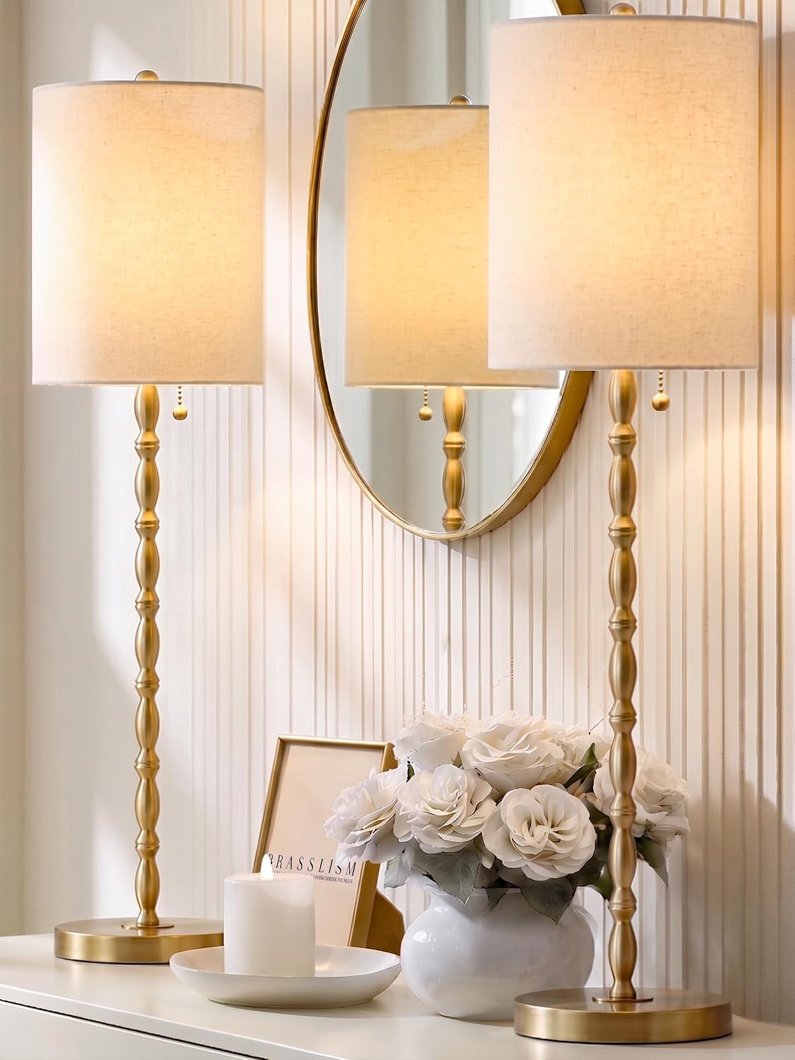 Buffet Lamps Set of 2, 28.5" Tall Brass Finish Lamps for Entryway, Hallway, Console Table, Dining Sideboard or Living Room, UL Certified with Pull Chain, Linen Shade, Urban Luxury Style