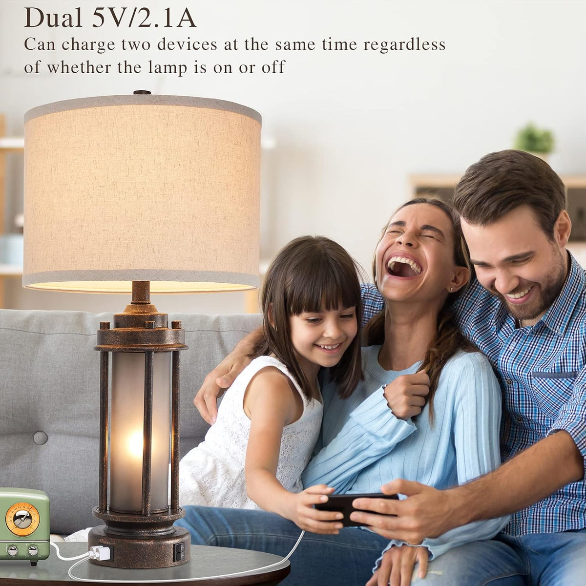 AIEAMPDO Set of 2 Farmhouse Table Lamps for Living Room with USB C+A Ports