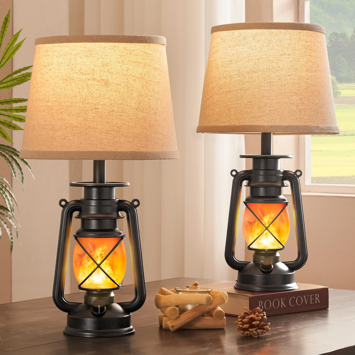 LEDIARY 18.72" LED Vintage Lantern Flickering Flame Table Lamps Set of 2