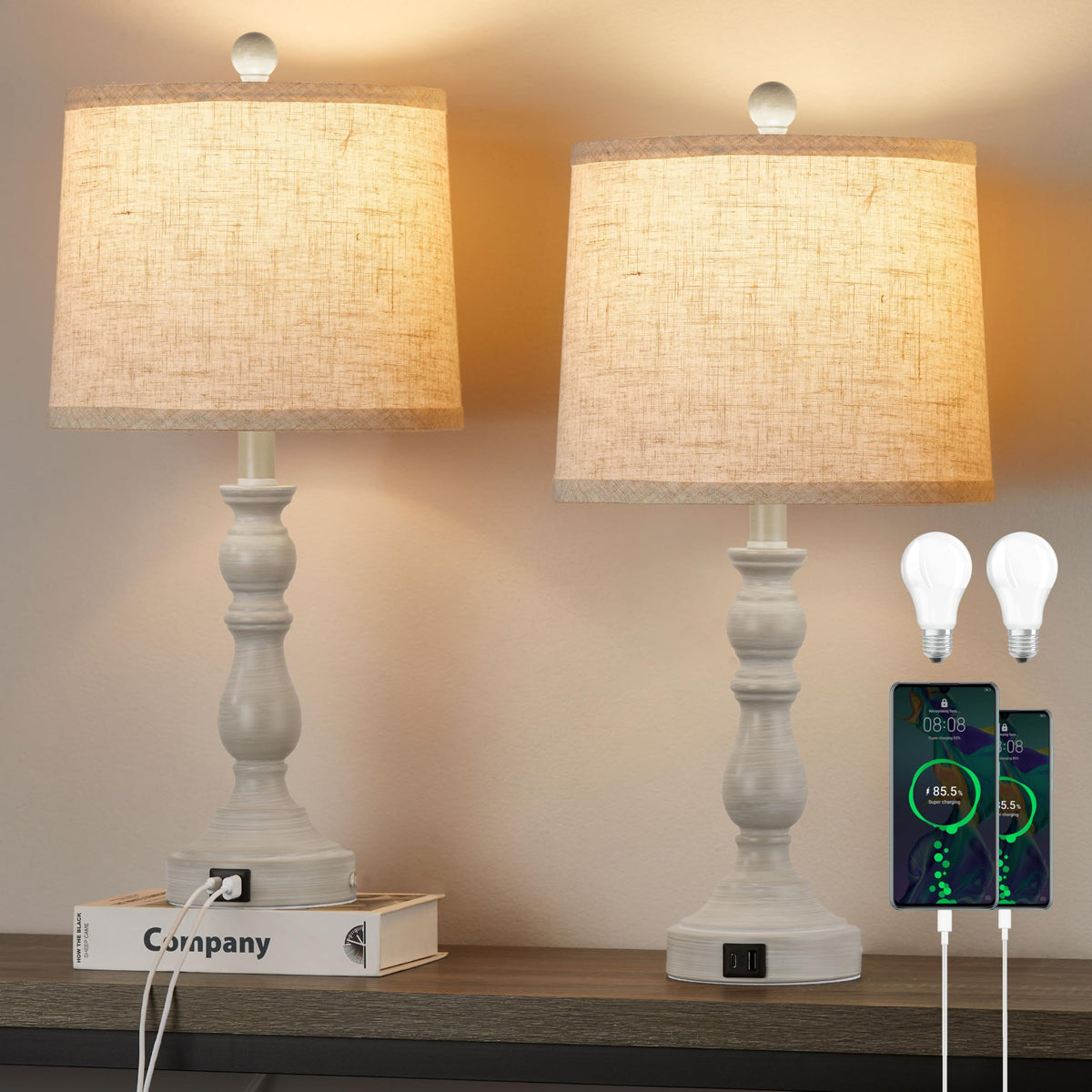 23'' Table Lamps Set of 2, Lamps for Bedroom, USB C+A Ports, Beige