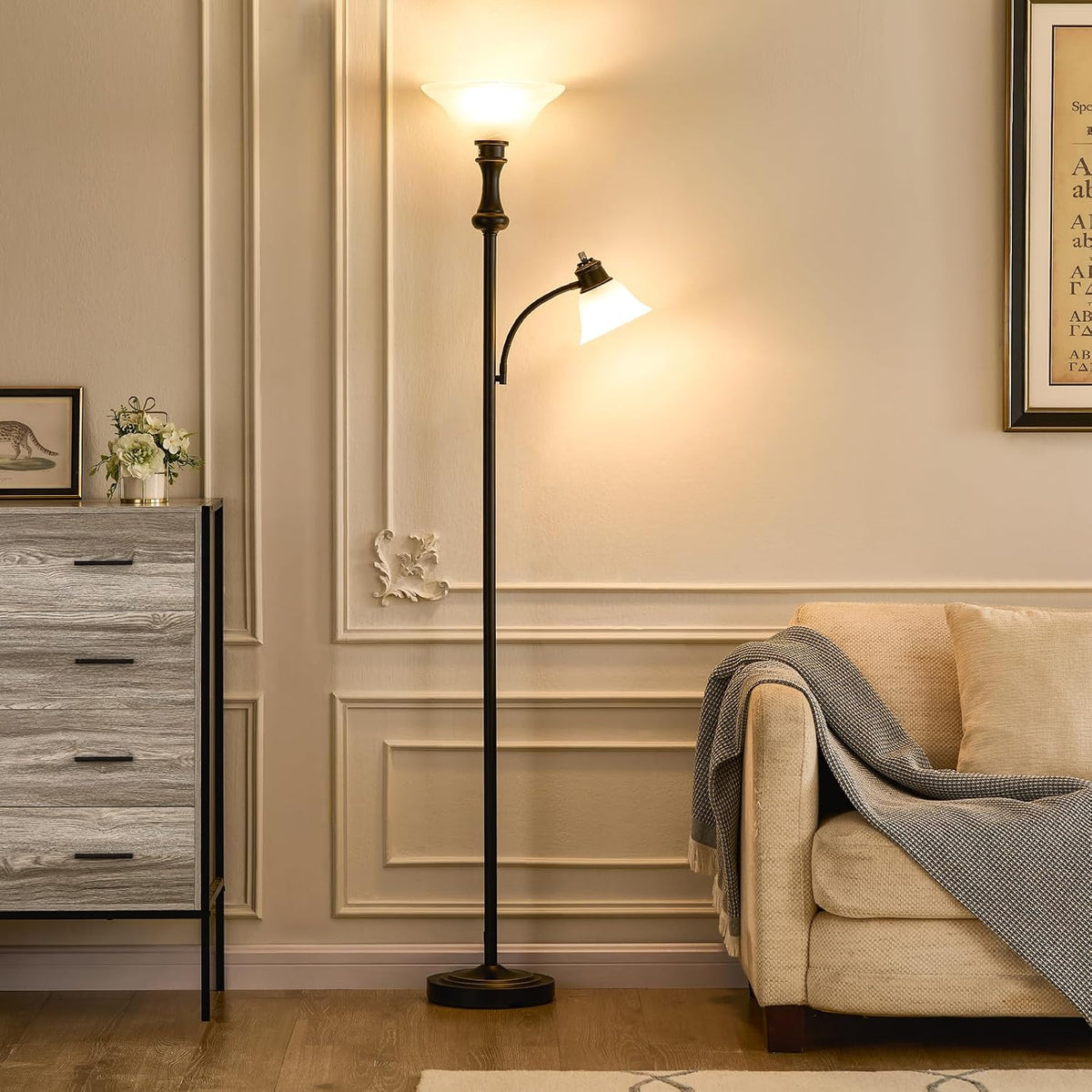 Torchiere Floor Lamp with Adjustable Angle Reading Lamp-Black 71IN