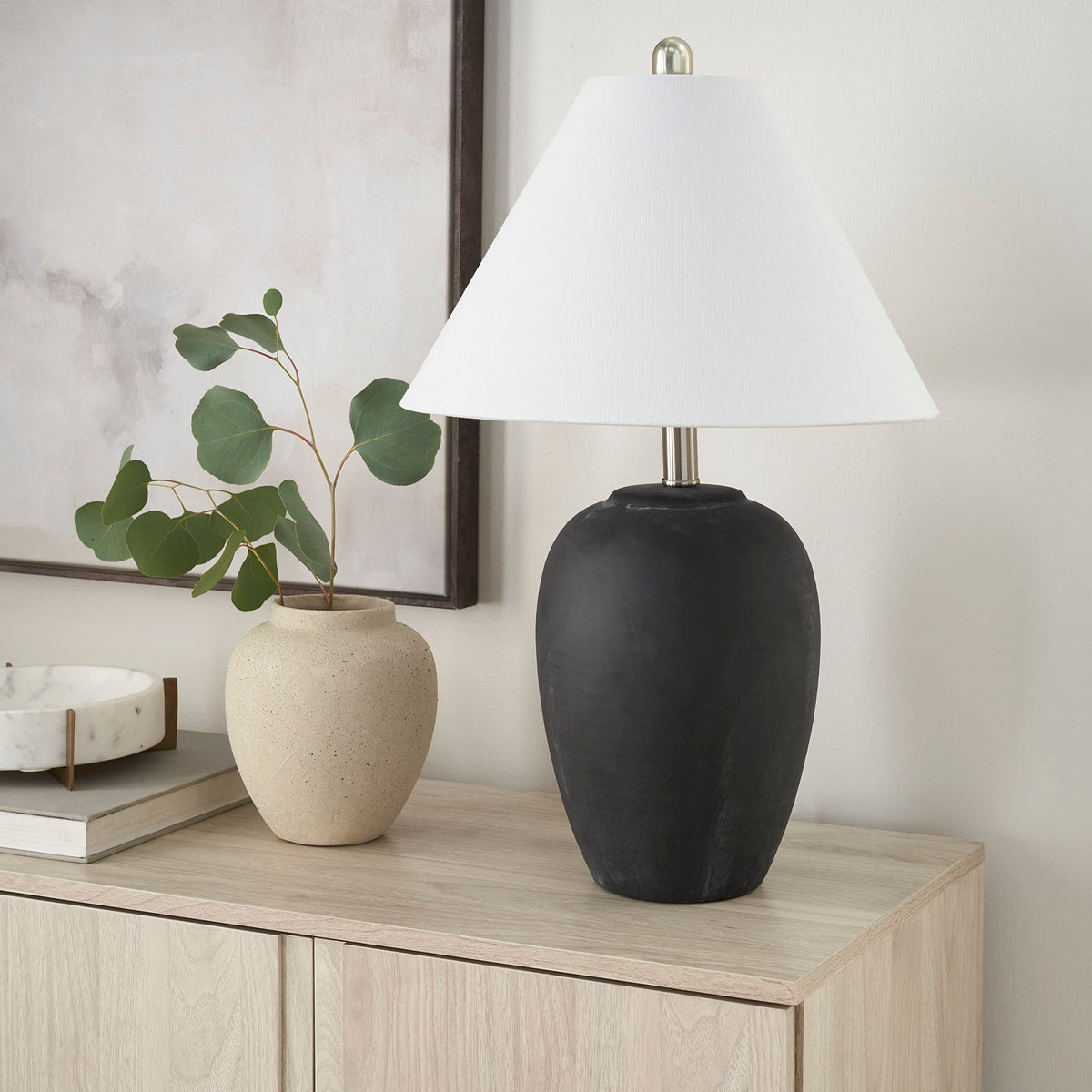 Nourison Home 23" Greyish Brown Earth Tone Rustic Farmhouse Ceramic Table Lamp for Bedroom, Living Room, Dining, Office, with Beige Linen Shade