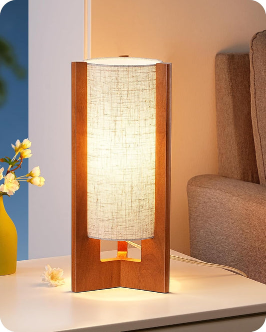 EDISHINE 13.5" Small Table Lamp, Walnut Wood Cylinder Nightstand Lamp, E26