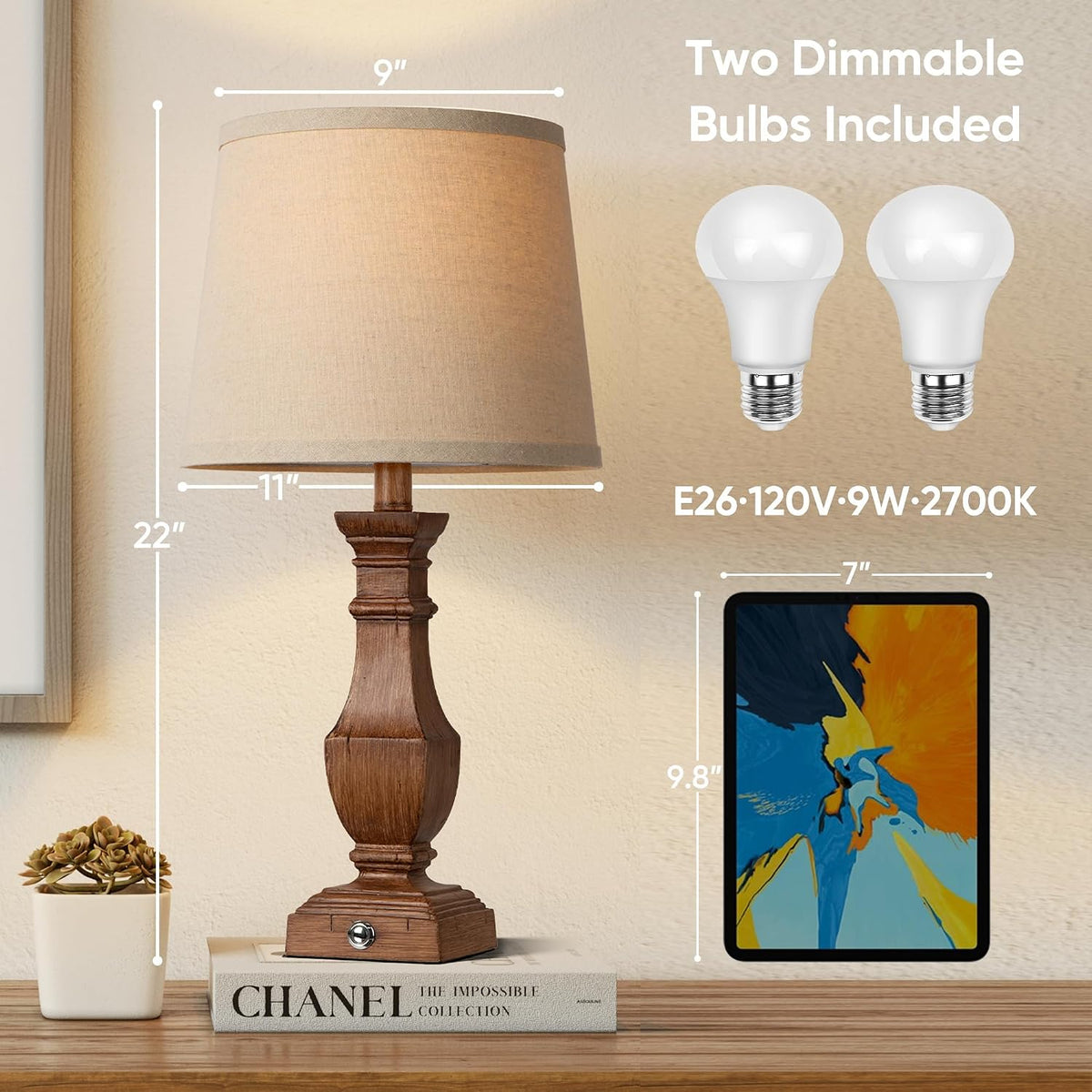 ROTTOGOON Dimmable Table Lamps Set of 2, Rustic Farmhouse Table Lamps for Living Room Bedroom, Bedside Desk Lamps for end Tables, Touch Lamps for nightstand, 9W Bulbs Included, 22", Brown
