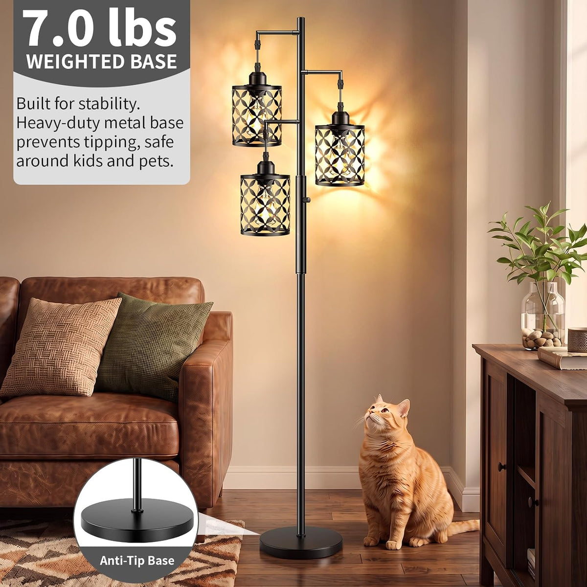 68" Industrial Tree Floor Lamp, Dimmable Farmhouse Tall Standing Lamp with Quatrefoil Cutout Shades & Rotary Dimmer Knob, Corner Light for Living Room Bedroom, 3 x800LM Bulbs Included-Black
