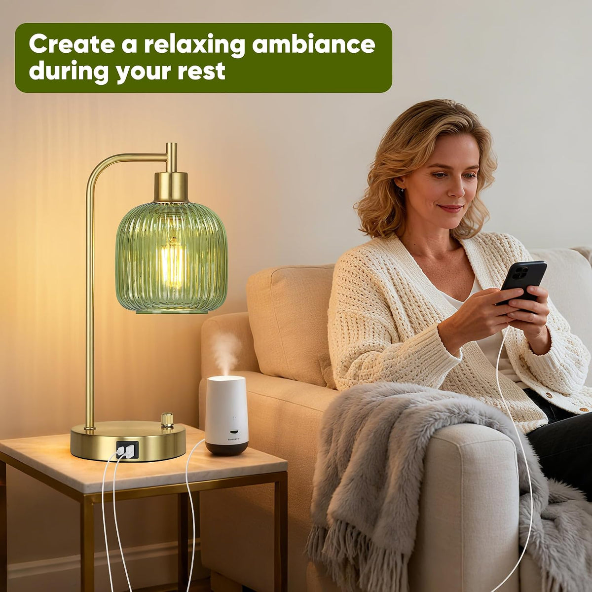 Green Glass Table Lamps Set of 2, Dimmable Bedside Lamps for Living Room