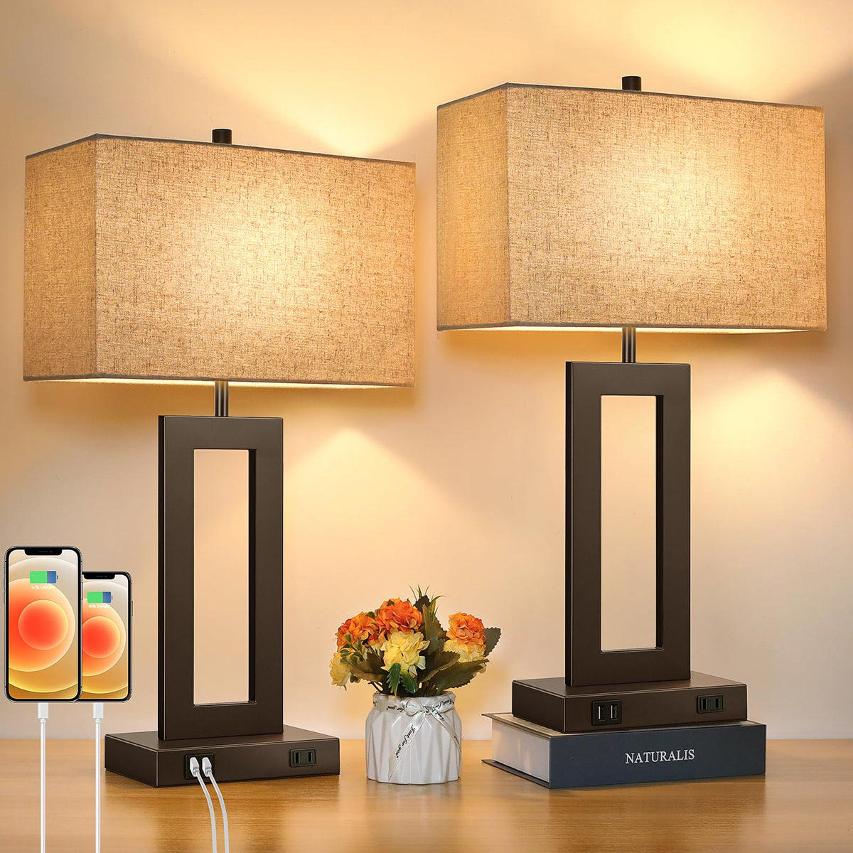 TOBUSA 22" Table Lamp Set of 2, Modern Nightstand Lamp with 2 USB Ports