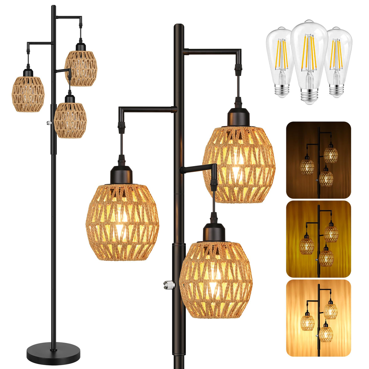 ROTTOGOON Dimmable Boho Floor Lamp - 3 Light Farmhouse Rattan Floor Lamp for Living Room, Industrial Tree Floor Lamps with 3 X 6W LED Bulbs, Rustic Standing Tall Lamp for Bedroom, Office, 68", Black
