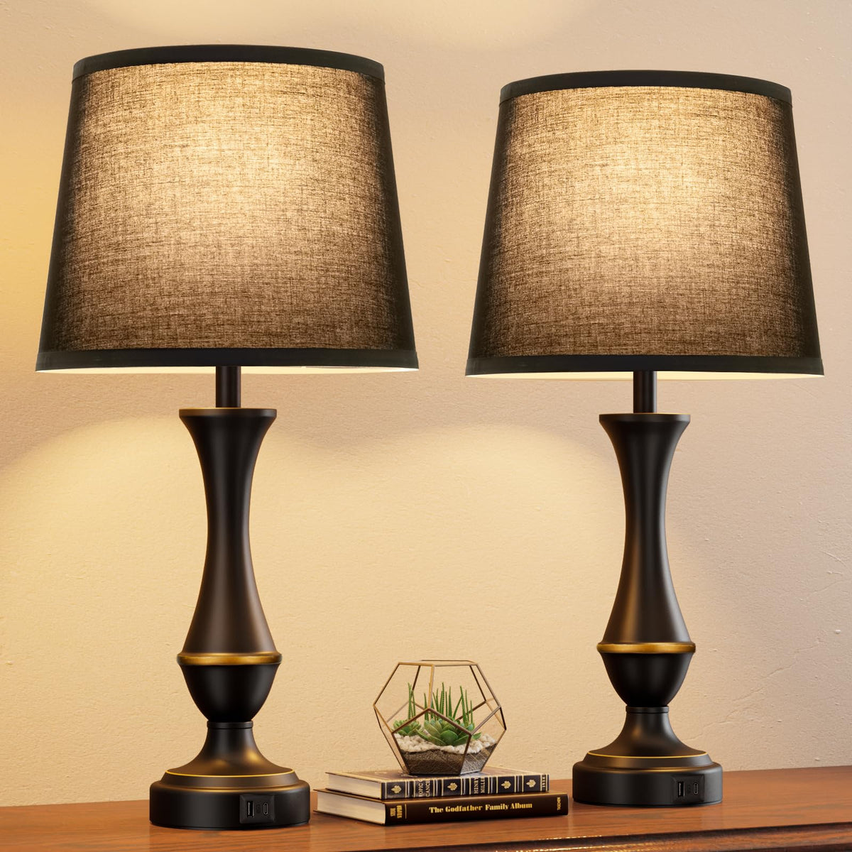Touch Lamps for Nightstand, 3 Way Dimmable Lamps for Bedroom with USB C+A