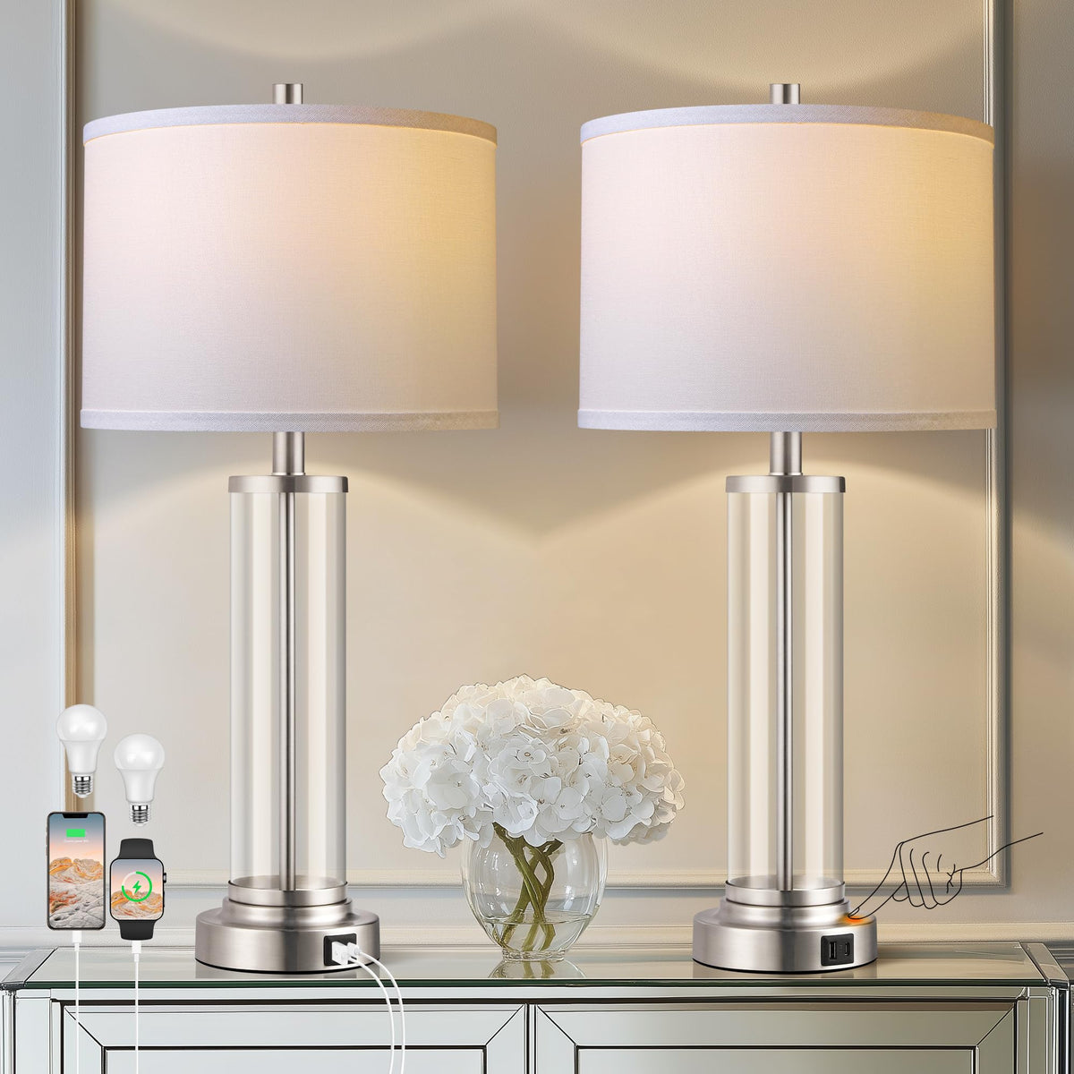 Glass Table Lamps Set of 2, Modern Gold Dimmable Beside Lamps for Bedroom
