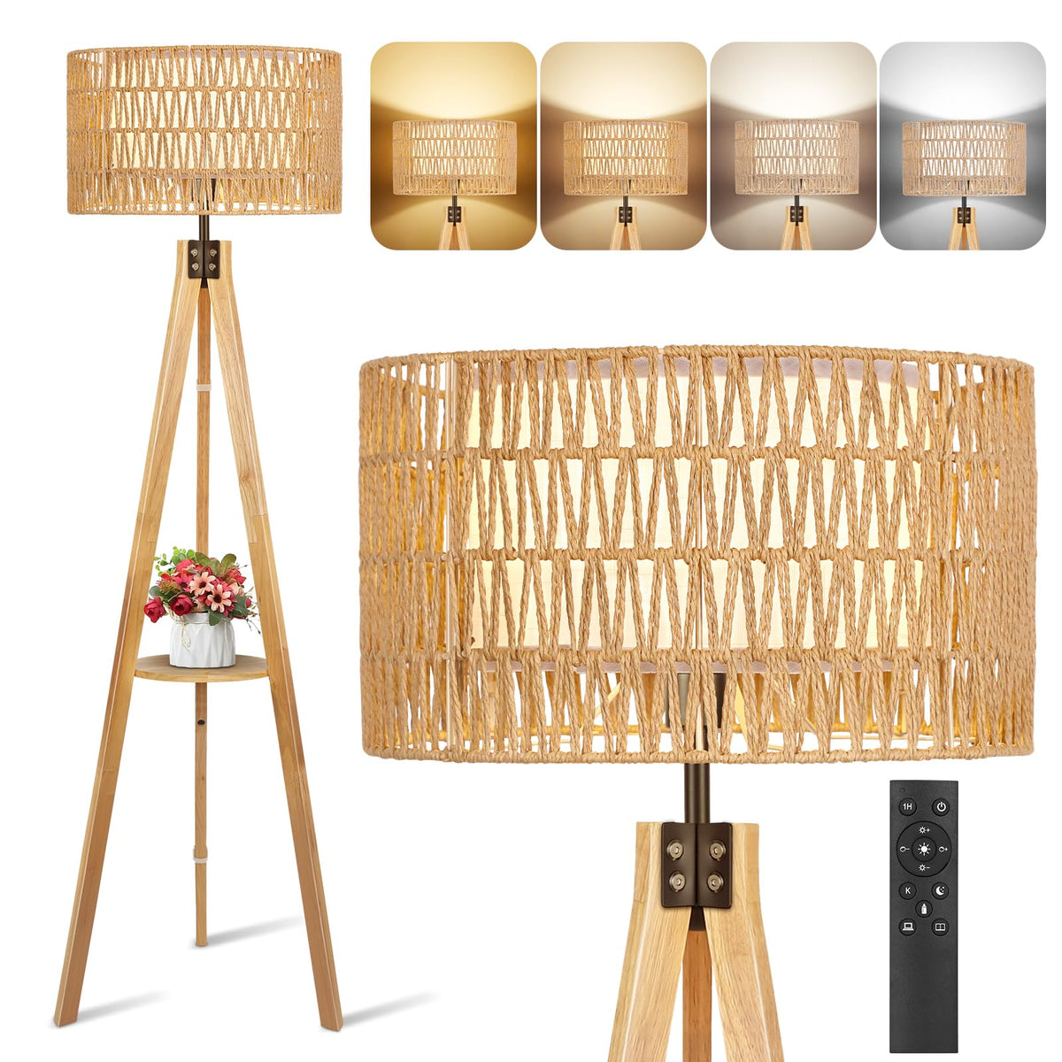 OUTON Wood Tripod Floor Lamp with Shelves, Mid Century Floor Lamp with Remote Control,4 Color Temperature, LED Modern Dimmable Standing Lamp with Beige Linen Shade for Living Room, Bedroom, Office