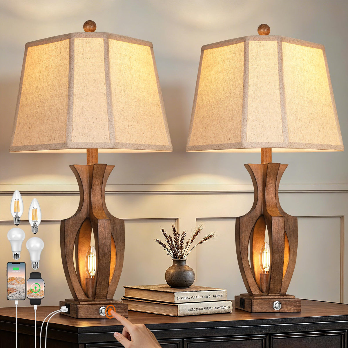 ROTTOGOON 26" Farmhouse Table Lamps Set of 2, 3-Way Touch Dimmable Nightstand Lamp with USB A+C Charging Port, Vintage Bedside Lamps with Dual Light Sources for Bedroom Nightstand End Table (Bronze)