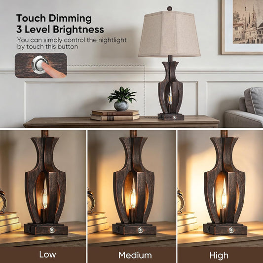 ROTTOGOON 26" Farmhouse Table Lamps Set of 2, 3-Way Touch Dimmable Nightstand Lamp with USB A+C Charging Port, Vintage Bedside Lamps with Dual Light Sources for Bedroom Nightstand End Table (Bronze)
