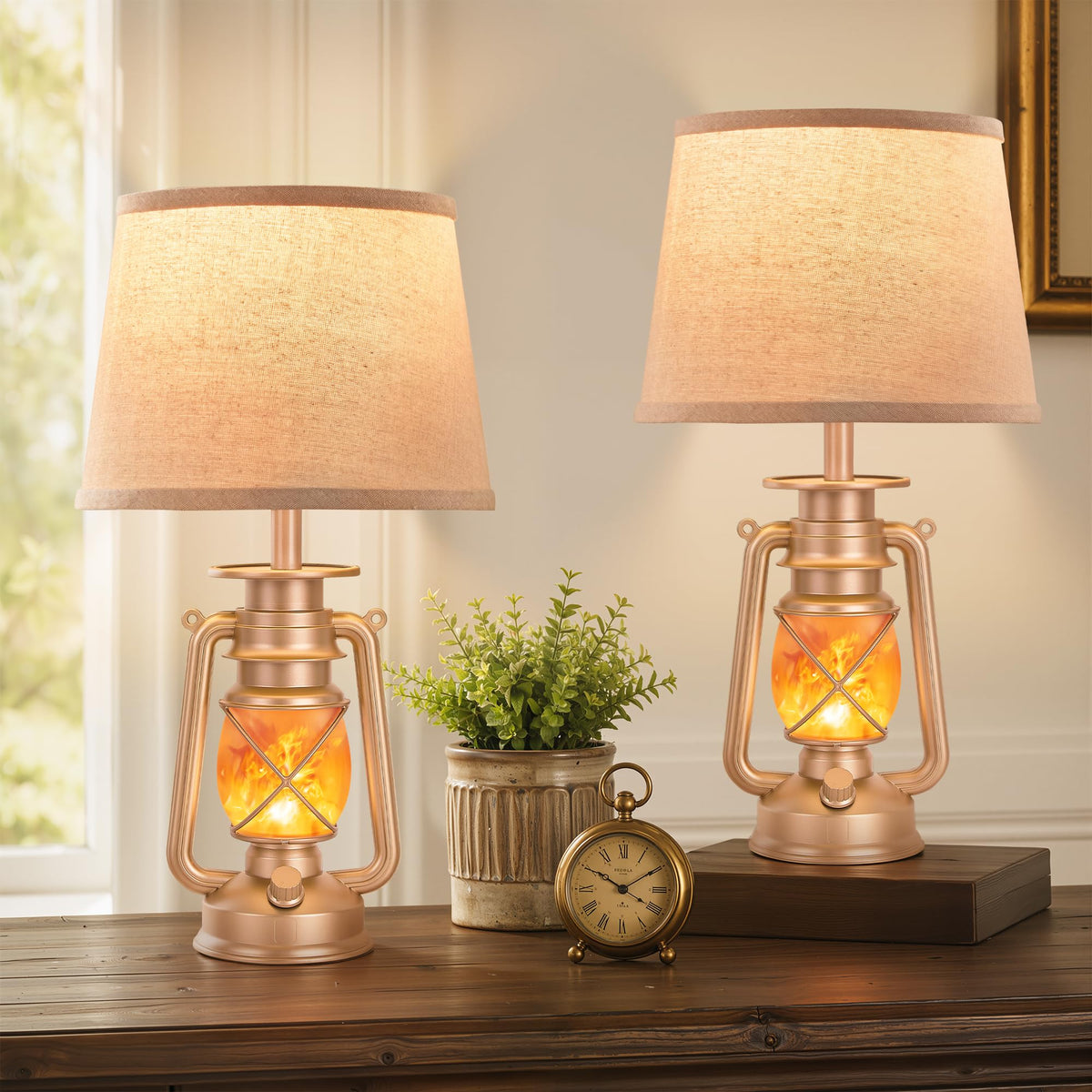 LEDIARY 18.72" LED Vintage Lantern Flickering Flame Table Lamps Set of 2