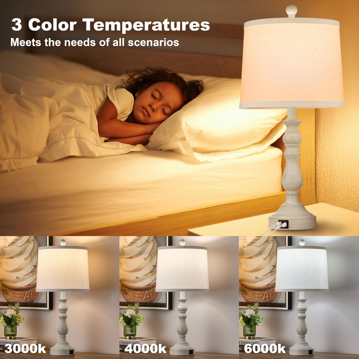 23'' Table Lamps Set of 2, Lamps for Bedroom, USB C+A Ports, Beige