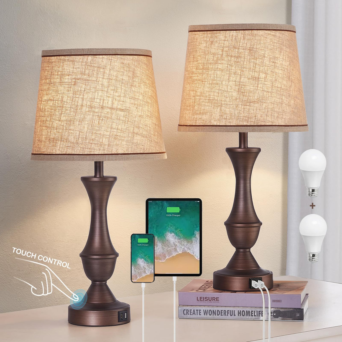 Luvkczc Upgraded Touch Table Lamps Set of 2, 22" Tall Bedside Lamps
