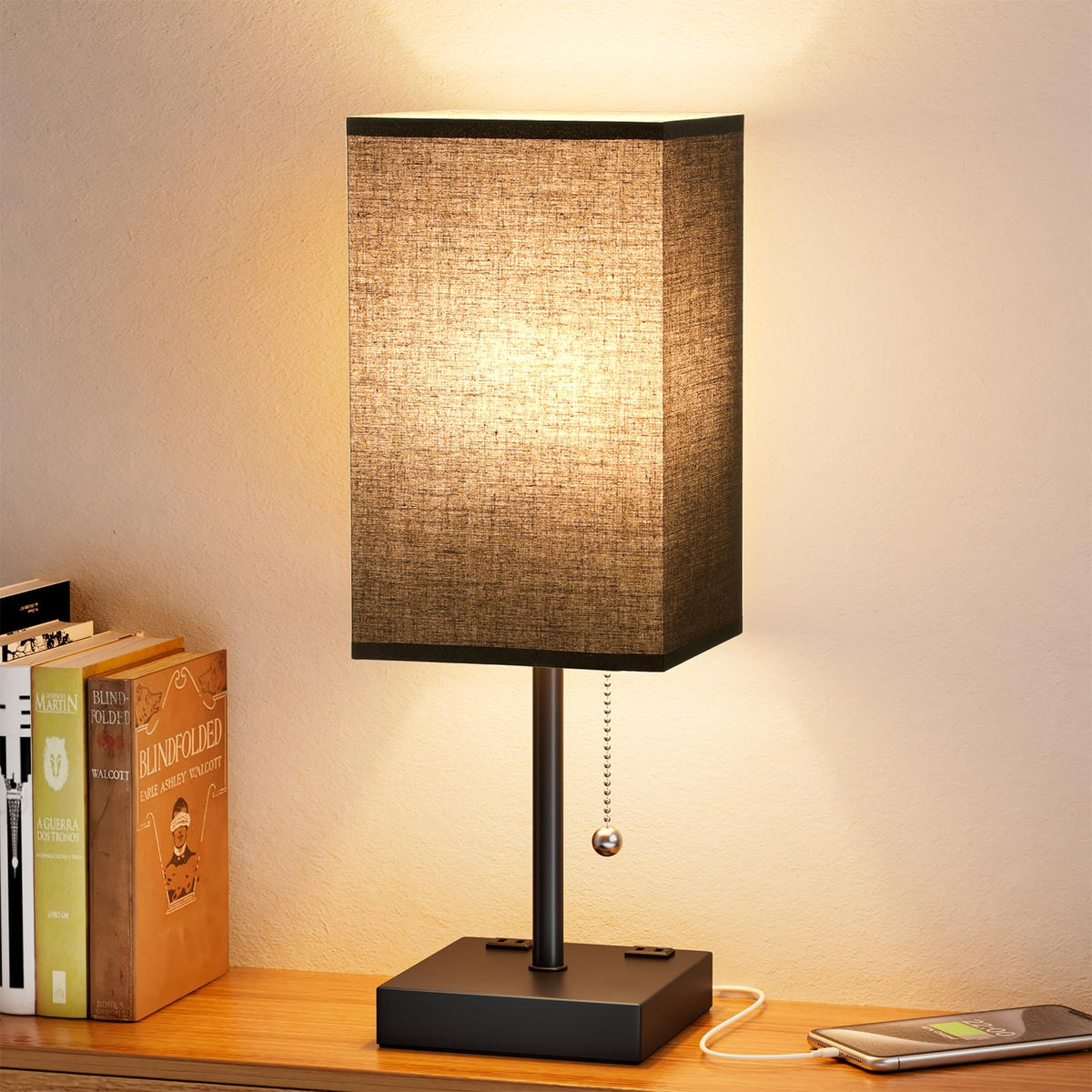 aooshine Small Bedside Table Lamp for Bedroom - Square Cream Fabric Shade