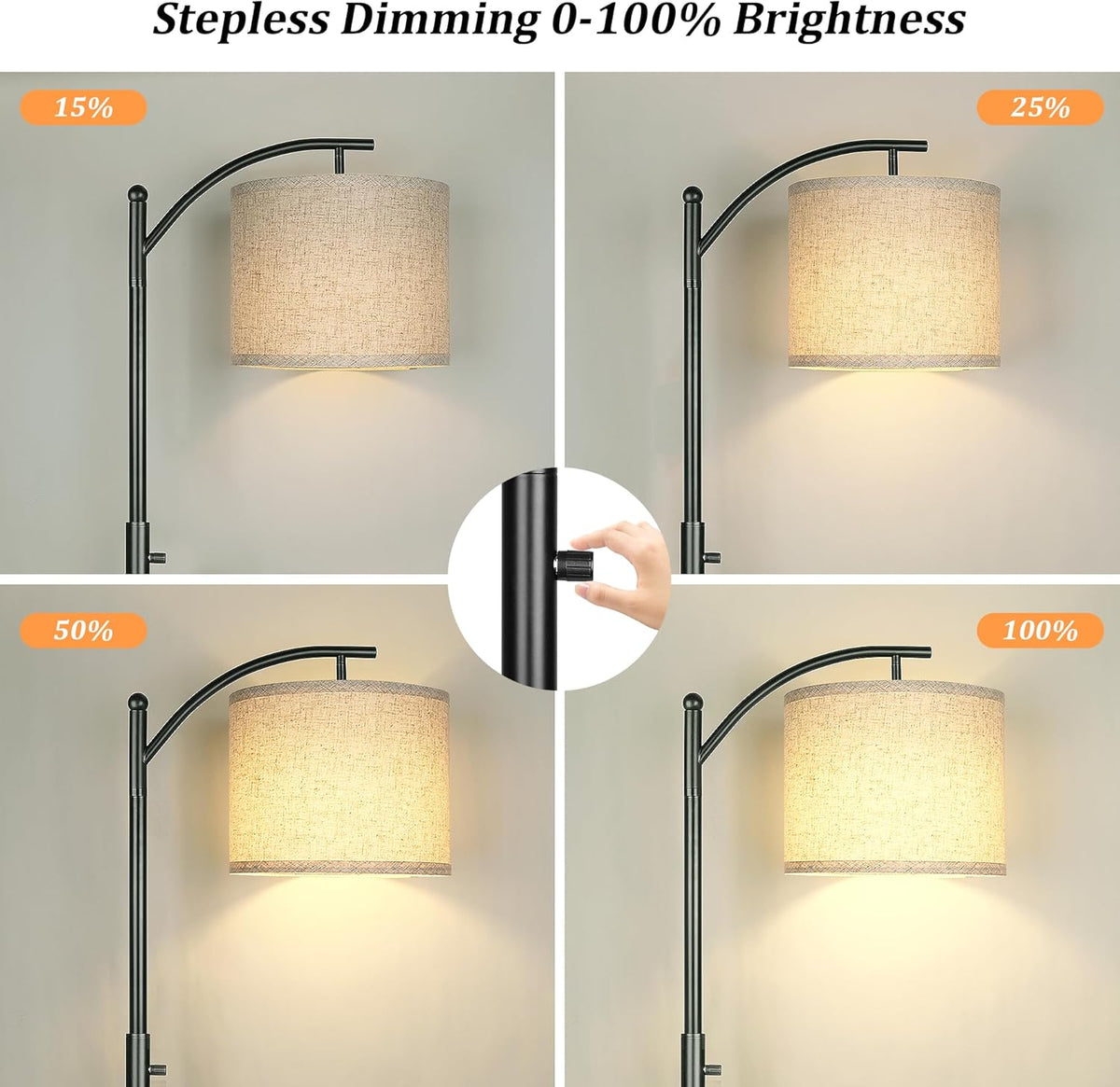 ROTTOGOON Dimmable Floor Lamp, Arc Floor Lamps for Living Room, Stepless Dimming Modern Standing Lamp with Linen Shade, Tall Lamp for Bedroom Office Dining Room- Black