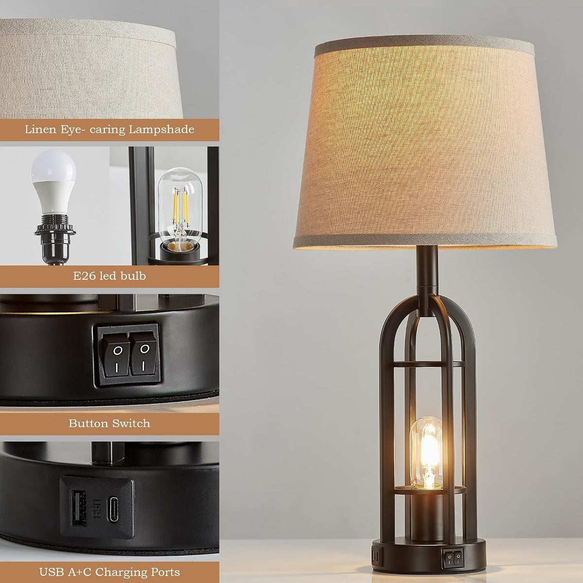SRJJA 24" Farmhouse Table Lamps for Living Room Bedroom Set of 2, USB A+C