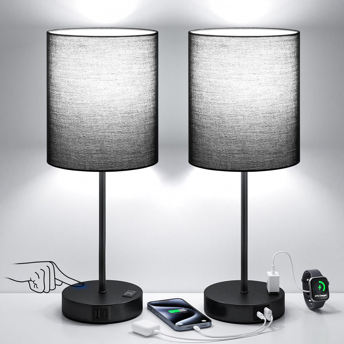 Fenmzee Touch Lamps for Bedroom Set of 2 - Dimmable, USB C+A, AC Outlet