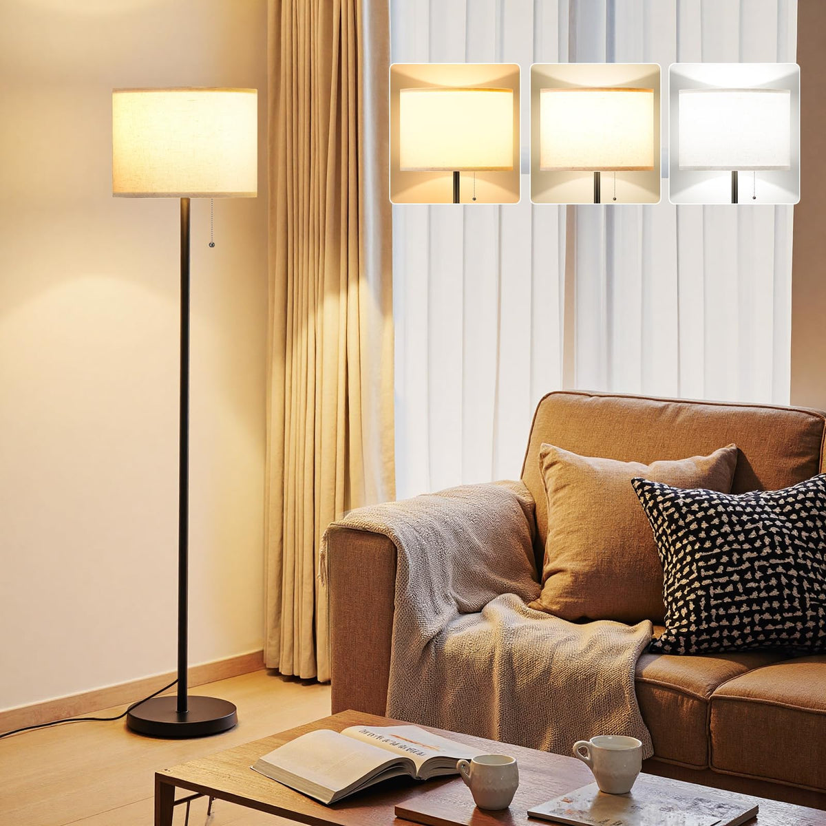 Ambimall 60'' Modern Floor Lamp with Shade, Tall Lamps for Living Room, Bedroom, Office, Dining Room, Beige Shade with Brown Pole(Without Bulb)
