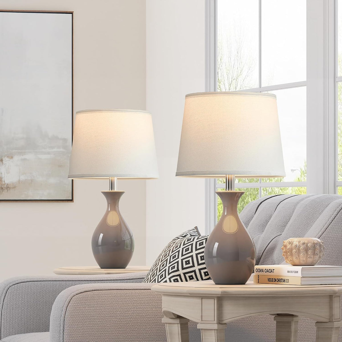 PARTPHONER Table Lamp Set of 2, Modern Ceramic Bedside Lamps for Night Stands, Classic Small Lamp Nightstand Lamp for Bedroom Living Room Desk End Table Rocker Swtich Grey