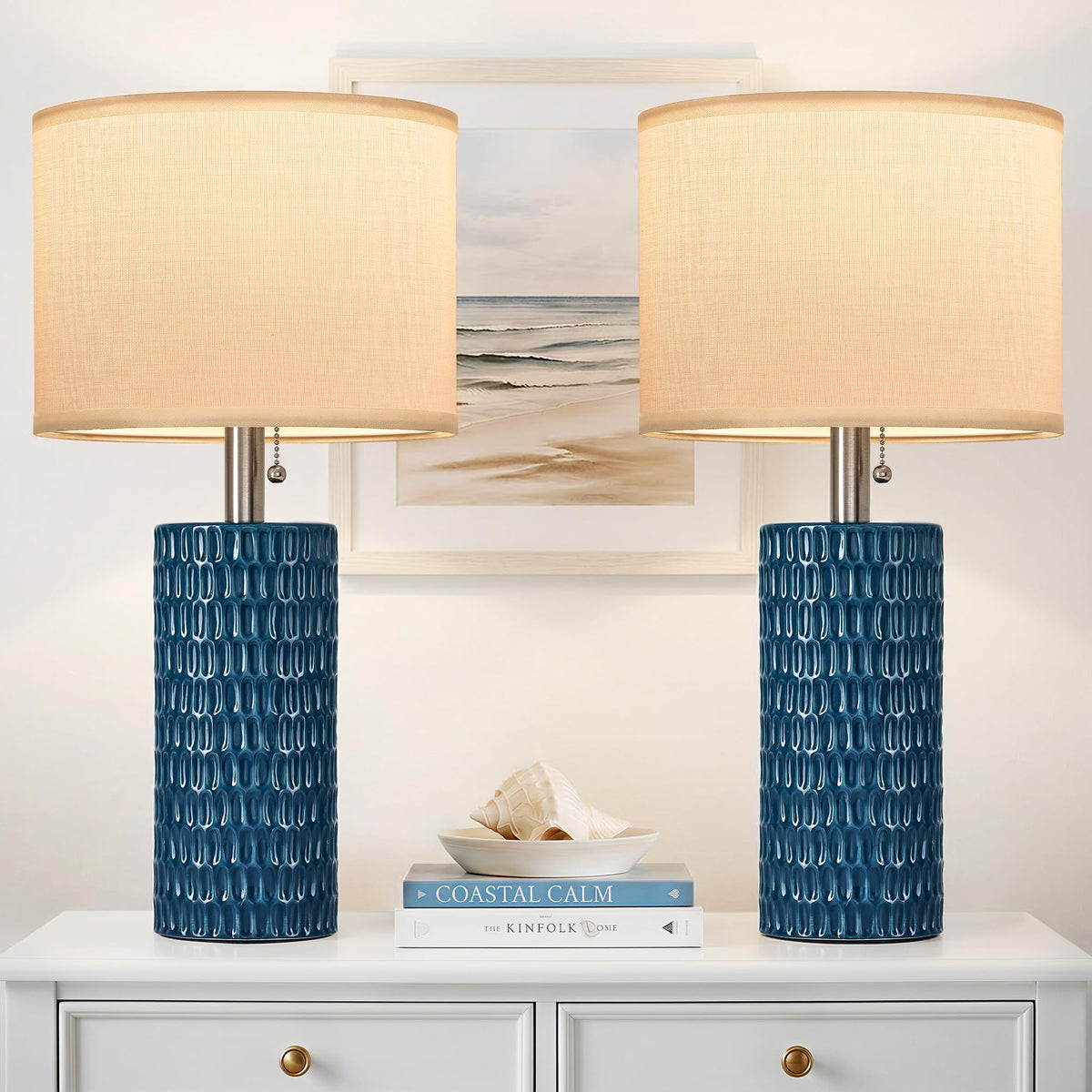Reaketon 20.5”Modern Ceramic Table Lamps for Bedroom Set of 2, Dark Blue