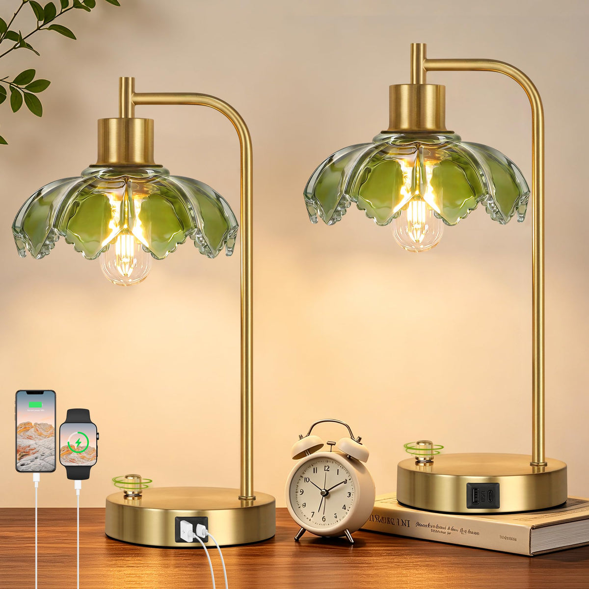 Green Glass Table Lamps Set of 2, Dimmable Bedside Lamps for Living Room