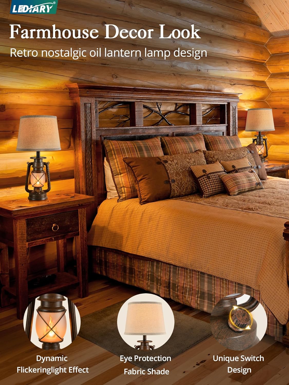 LEDIARY 18.72" LED Vintage Lantern Flickering Flame Table Lamps Set of 2