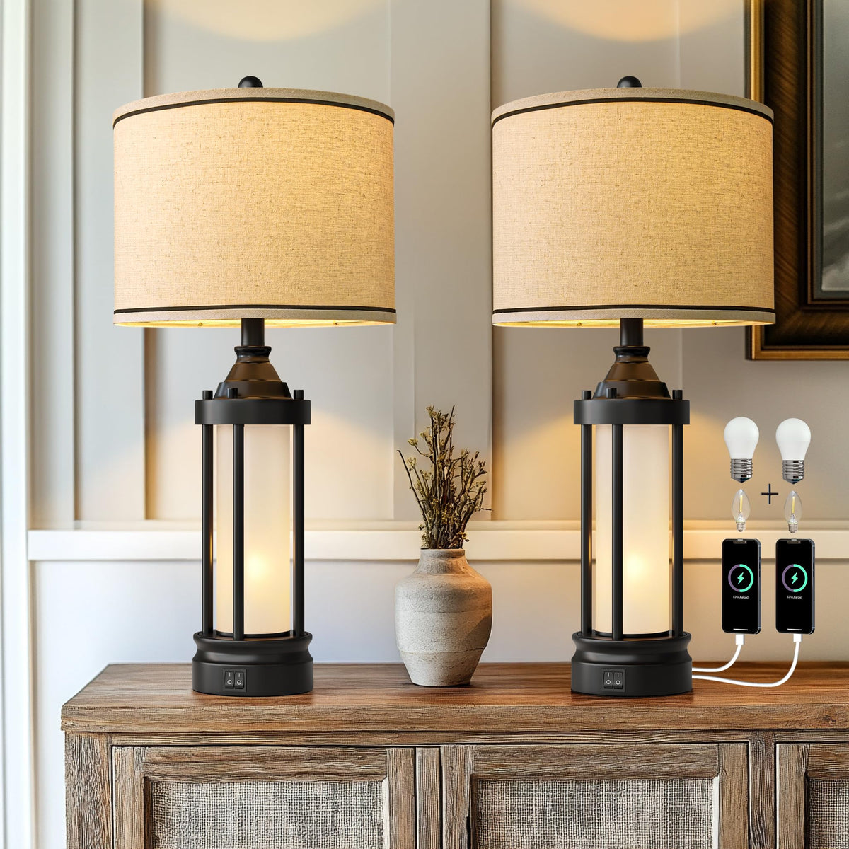 23.75" Retro Farmhouse Black Table Lamp for Living Room Bedroom Nightstand