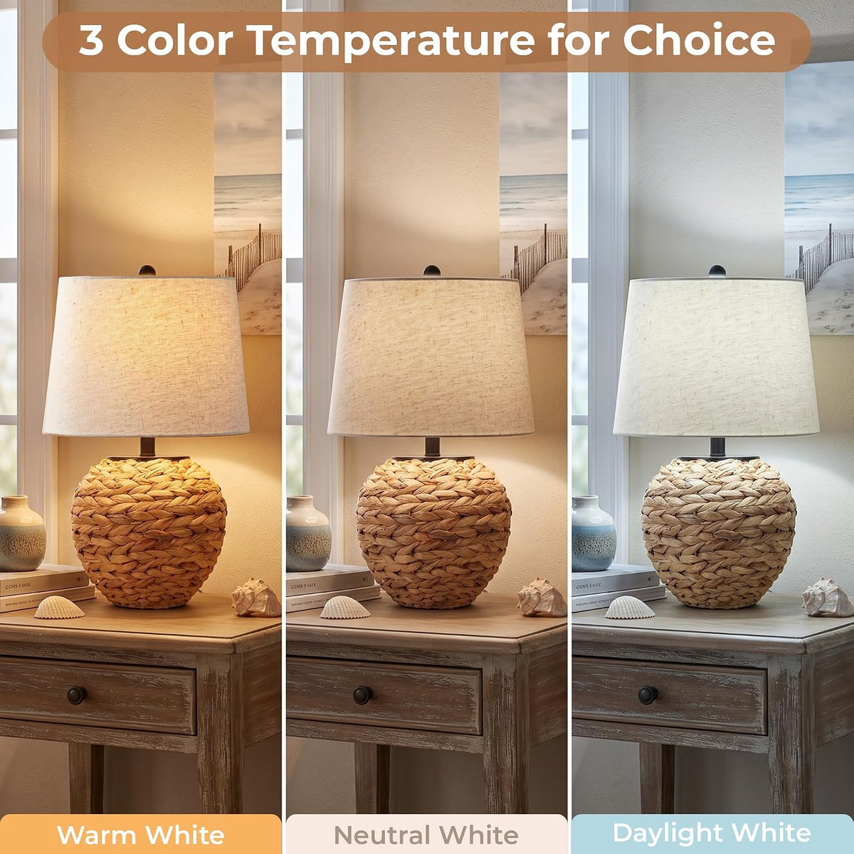 PARTPHONER 23’’ Rattan Table Lamp with Natural Woven Water Hyacinth Basket Base & Linen Drum Shade, Boho Farmhouse Bedside Lamp for Living Room Bedroom, Includes 3-Color Temperature LED Bulb