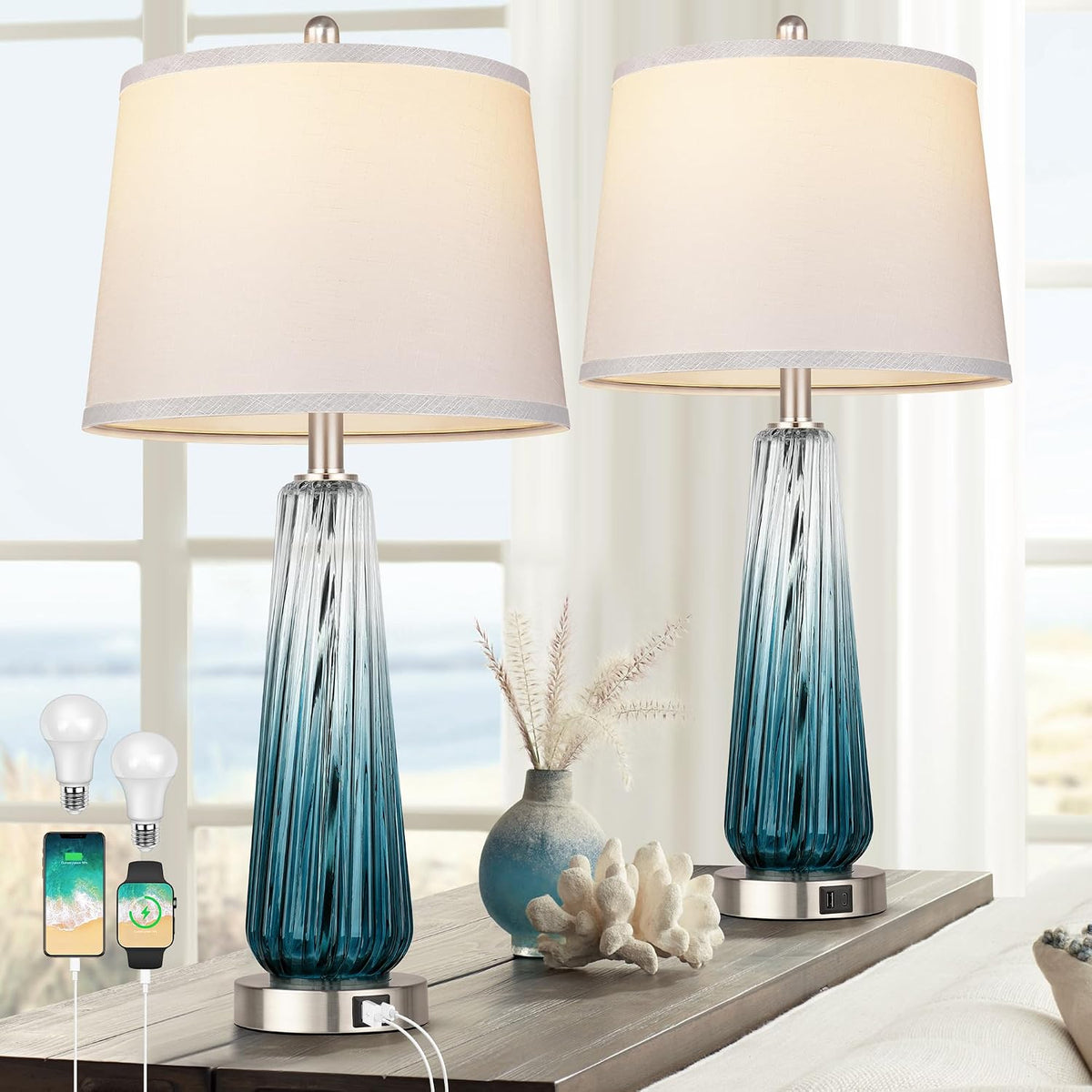 Table Lamps Set of 2 with Touch Control, Modern Glass Bedside Lamps with USB A+C Ports, 3-Way Dimmable Nightstand Lamp with White Fabric Shade, 27.5" Large Lamps for Living Room Bedrooms Decorations