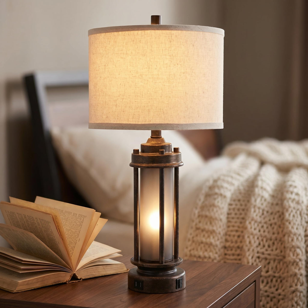 AIEAMPDO Set of 2 Farmhouse Table Lamps for Living Room with USB C+A Ports