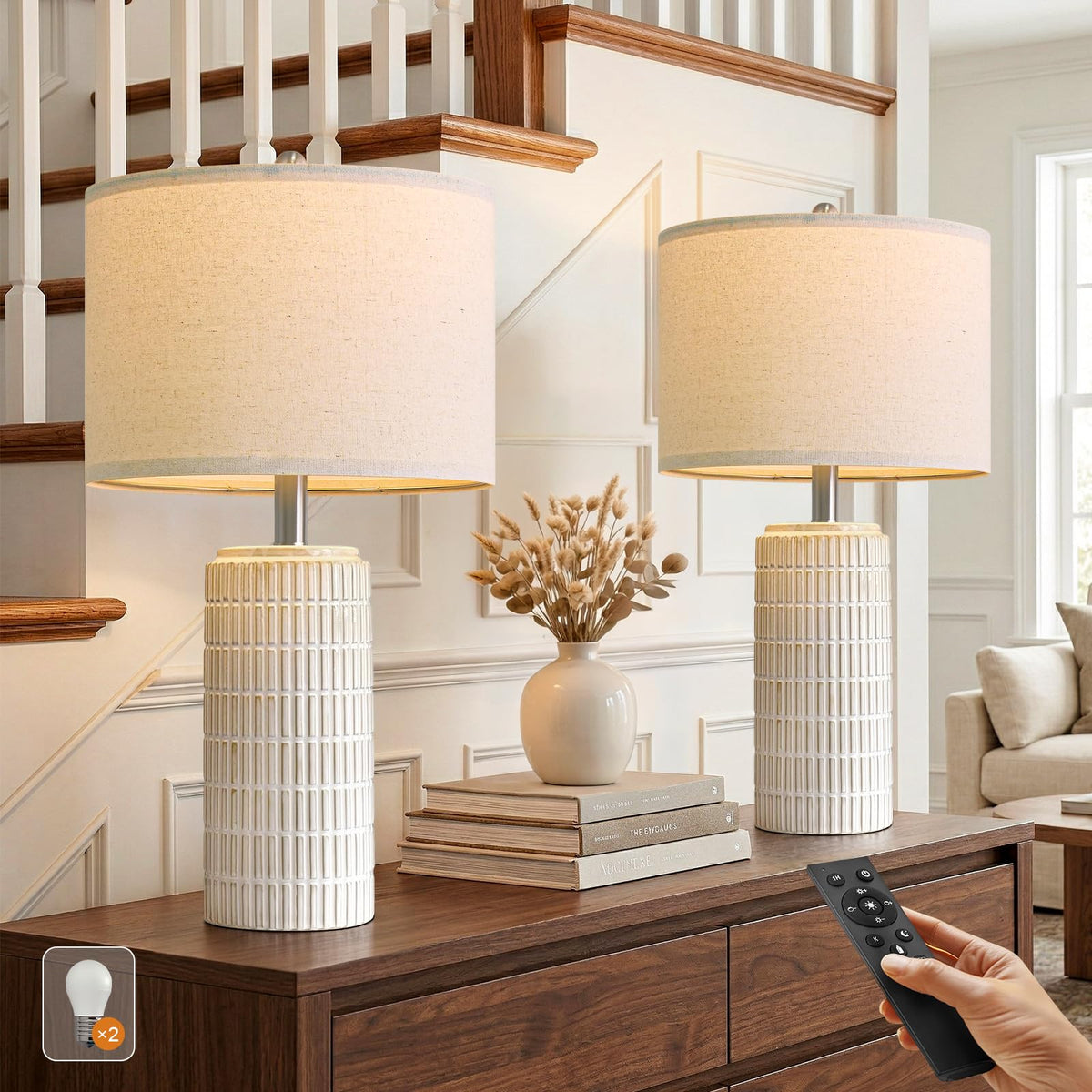 PoKat 23" Modern Ceramic Table Lamp Set of 2 for Living Room Bedroom, White