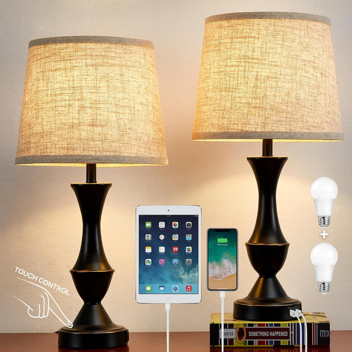 Luvkczc Upgraded Touch Table Lamps Set of 2, 22" Tall Bedside Lamps