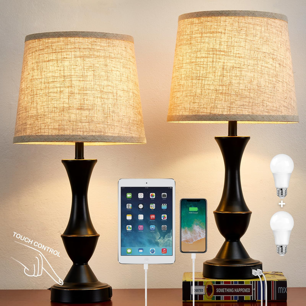 Luvkczc Upgraded Touch Table Lamps Set of 2, 22" Tall Bedside Lamps