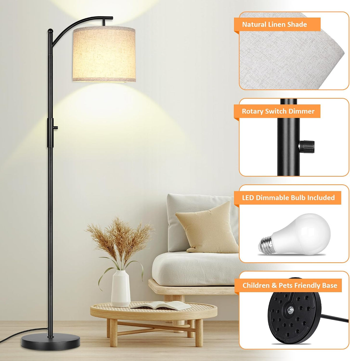 ROTTOGOON Dimmable Floor Lamp, Arc Floor Lamps for Living Room, Stepless Dimming Modern Standing Lamp with Linen Shade, Tall Lamp for Bedroom Office Dining Room- Black