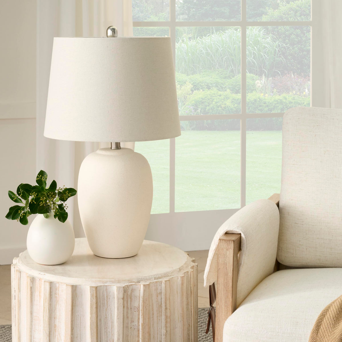 Nourison Home 23" Greyish Brown Earth Tone Rustic Farmhouse Ceramic Table Lamp for Bedroom, Living Room, Dining, Office, with Beige Linen Shade