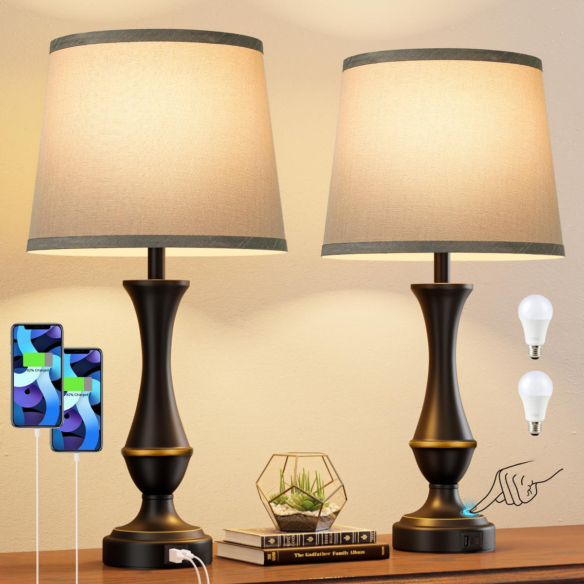 Touch Lamps for Nightstand, 3 Way Dimmable Lamps for Bedroom with USB C+A