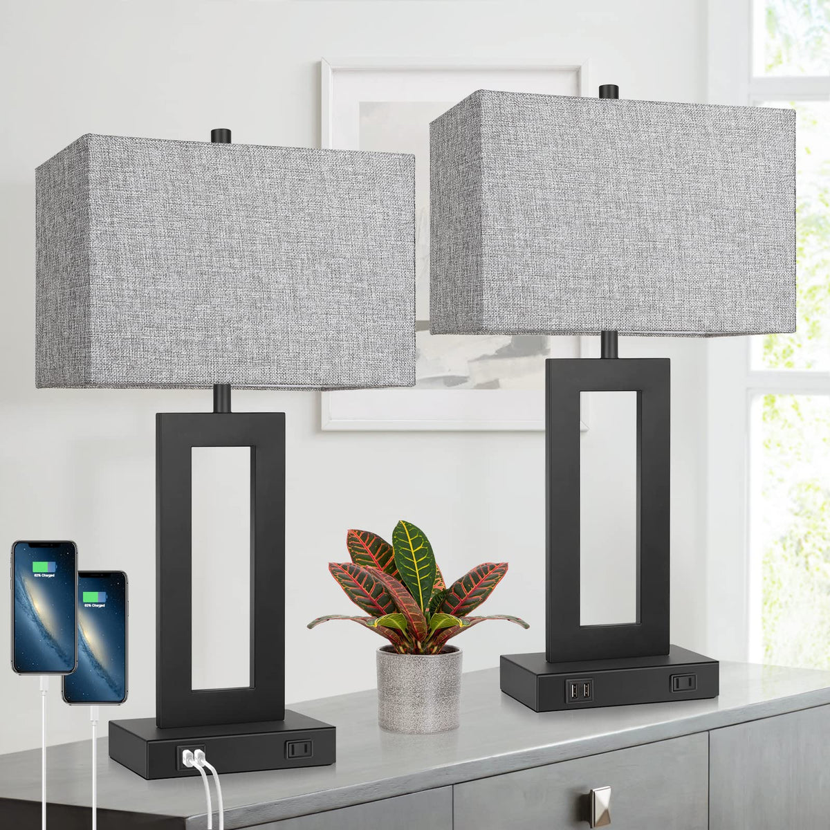 TOBUSA 22" Table Lamp Set of 2, Modern Nightstand Lamp with 2 USB Ports
