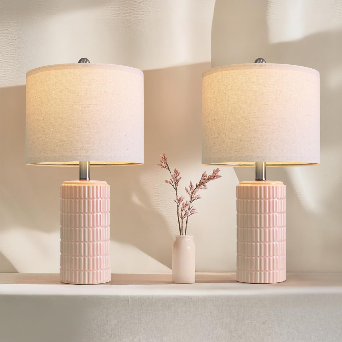 PoKat 20.75" Small Modern Ceramic Table Lamps Set of 2 for Bedroom, White